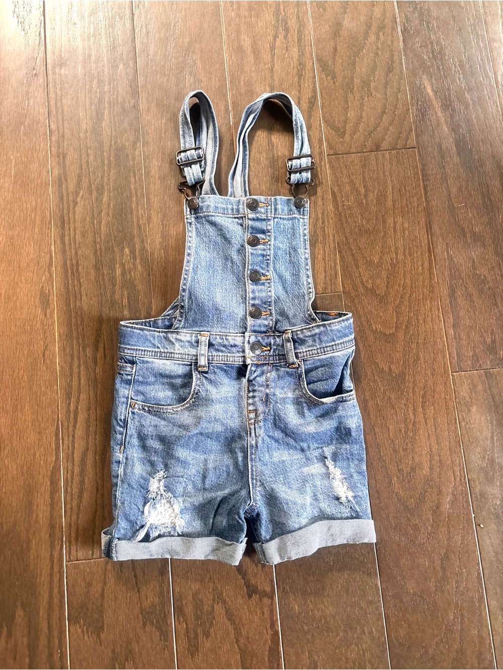 Cat & Jack Overall Kids Girls Stretch Distressed Shortalls Denim Blue Sz S 6/6X.